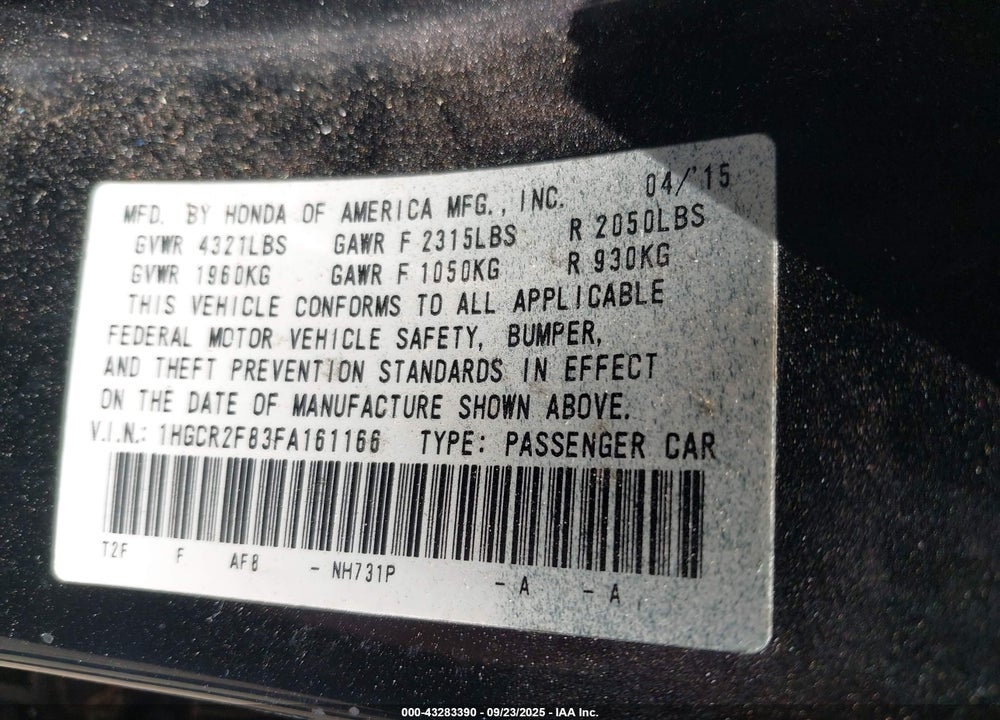 2015 HONDA ACCORD EX-L VIN: 1HGCR2F83FA161166