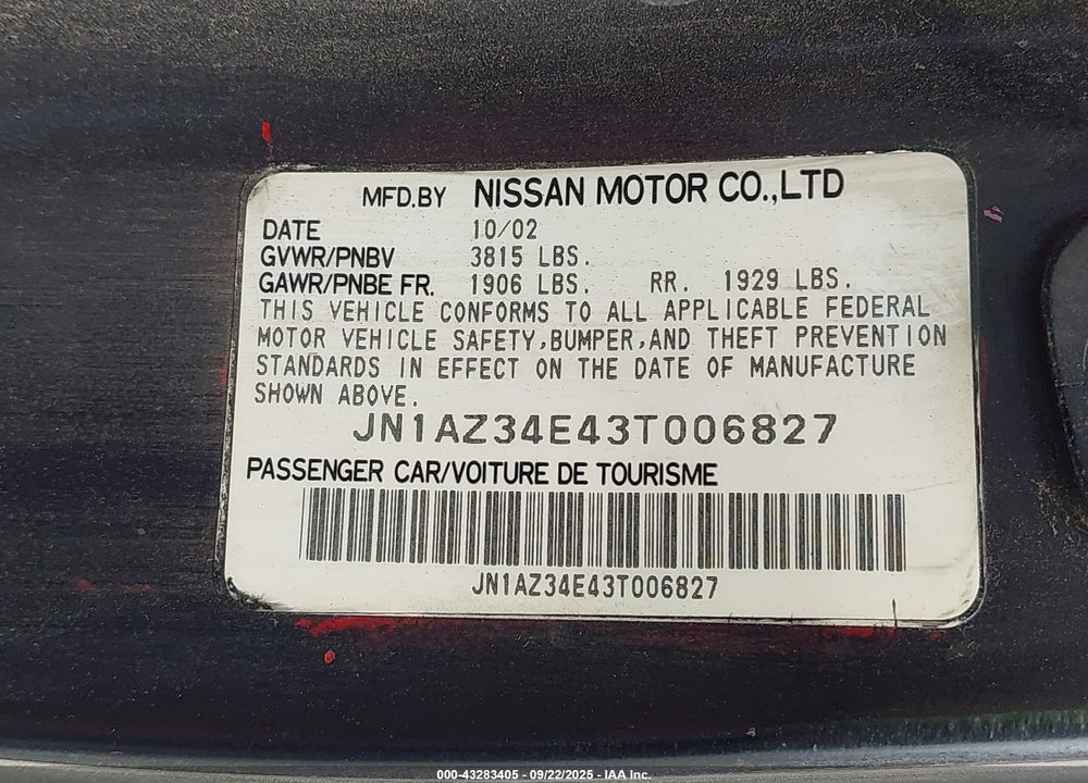 2003 NISSAN 350Z TOURING VIN: JN1AZ34E43T006827