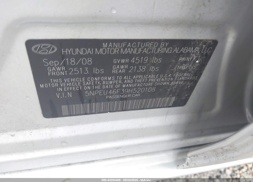 2009 HYUNDAI SONATA VIN: 5NPEU46F39H520108