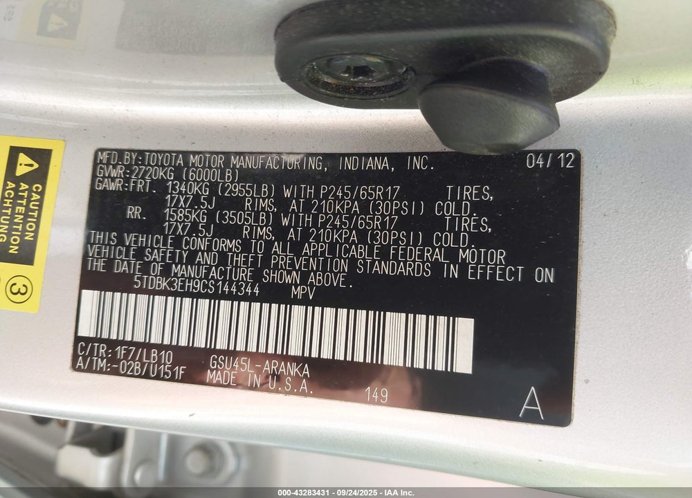2012 TOYOTA HIGHLANDER SE V6 VIN: 5TDBK3EH9CS144344