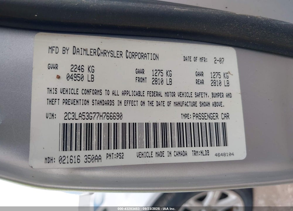 2007 CHRYSLER 300 VIN: 2C3LA53G77H766690