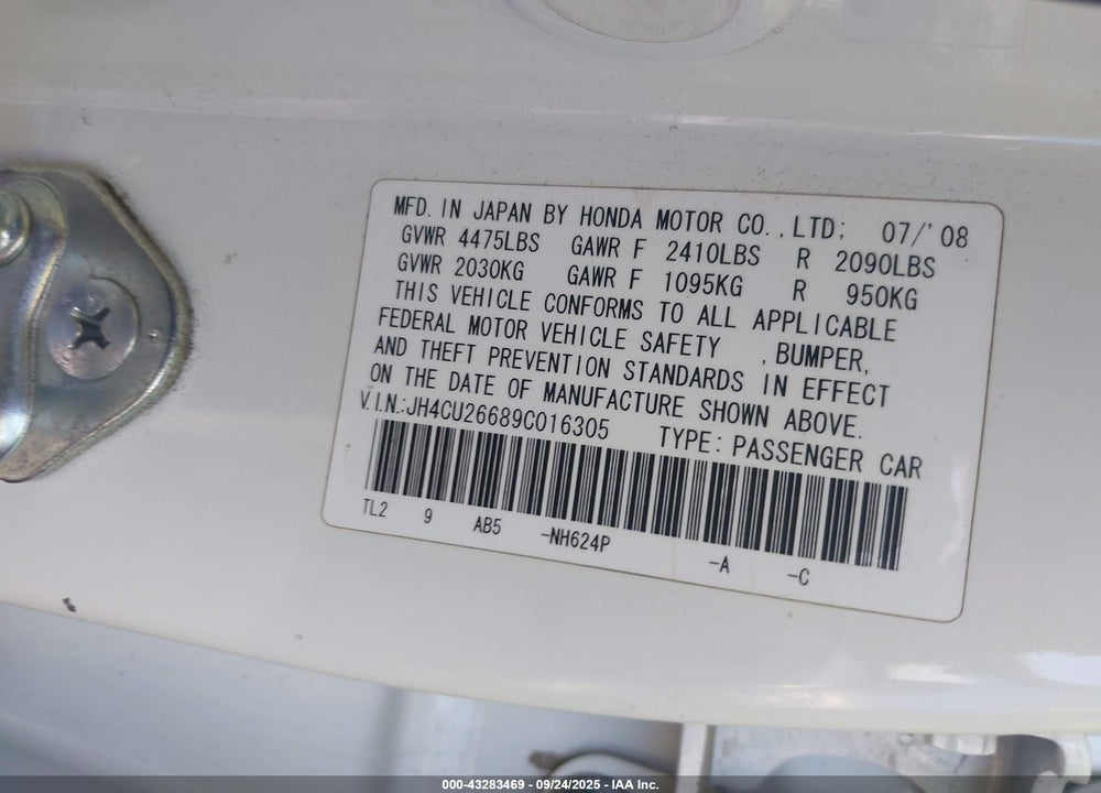 2009 ACURA TSX VIN: JH4CU26689C016305