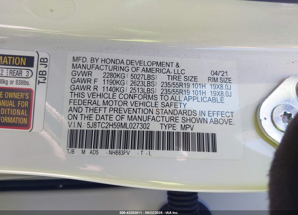 2021 ACURA RDX TECHNOLOGY PACKAGE VIN: 5J8TC2H59ML027302