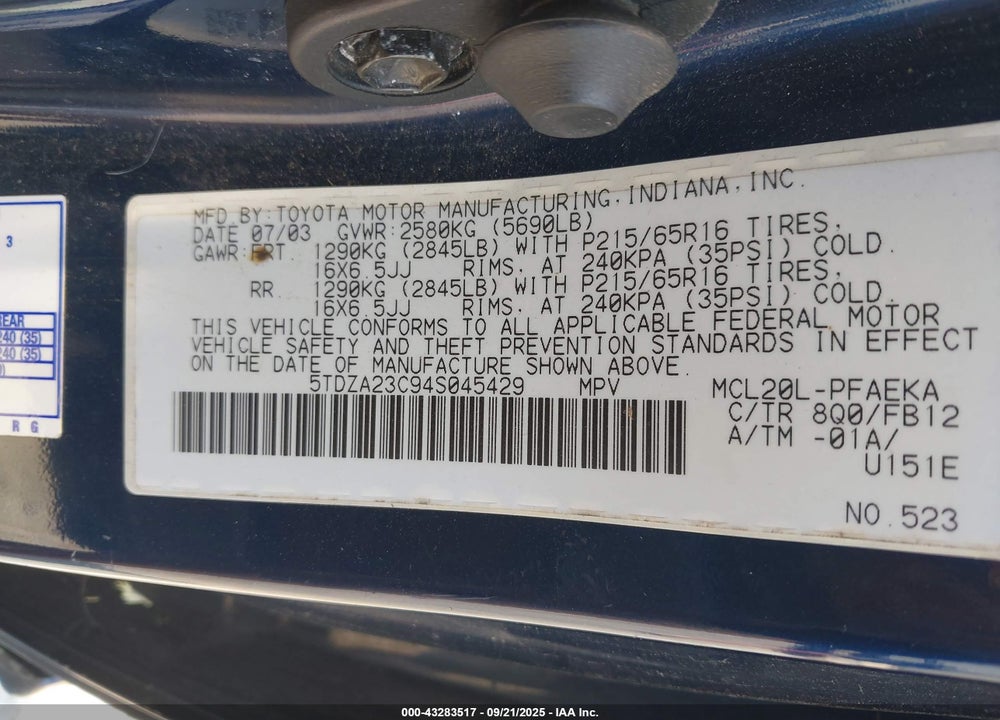 2004 TOYOTA SIENNA LE VIN: 5TDZA23C94S045429