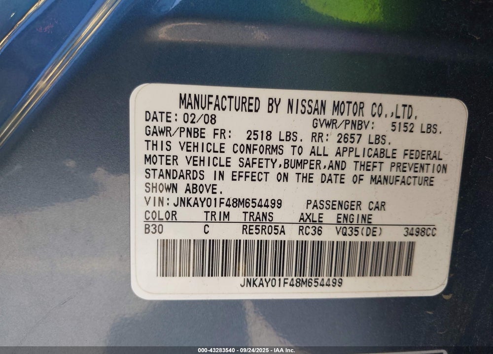 2008 INFINITI M35X VIN: JNKAY01F48M654499