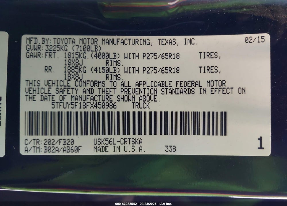 2015 TOYOTA TUNDRA VIN: 5TFUY5F18FX450986