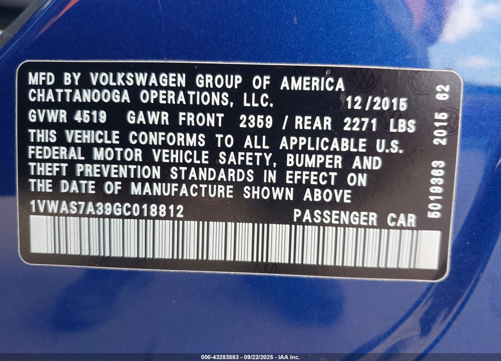 2016 VOLKSWAGEN PASSAT VIN: 1VWAS7A39GC018812