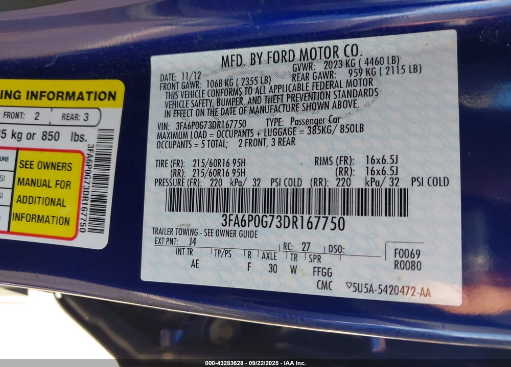 2013 FORD FUSION VIN: 3FA6P0G73DR167750