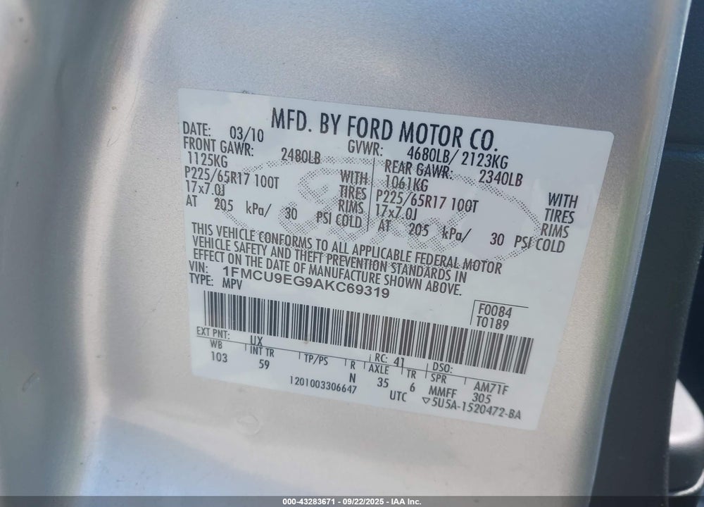2010 FORD ESCAPE VIN: 1FMCU9EG9AKC69319