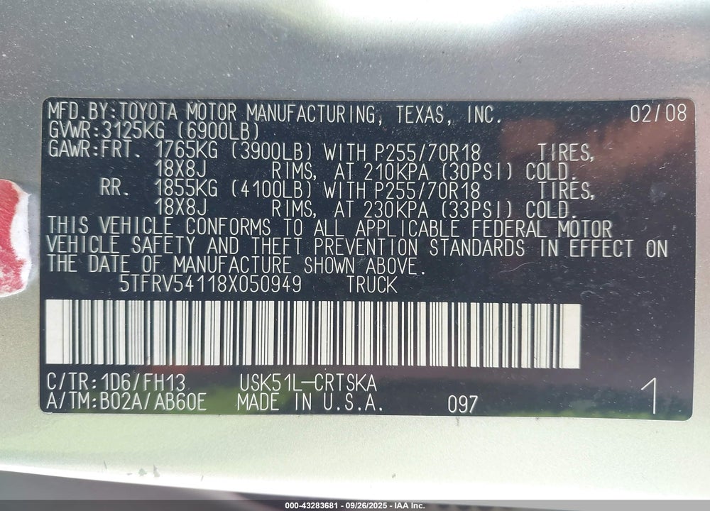 2008 TOYOTA TUNDRA VIN: 5TFRV54118X050949