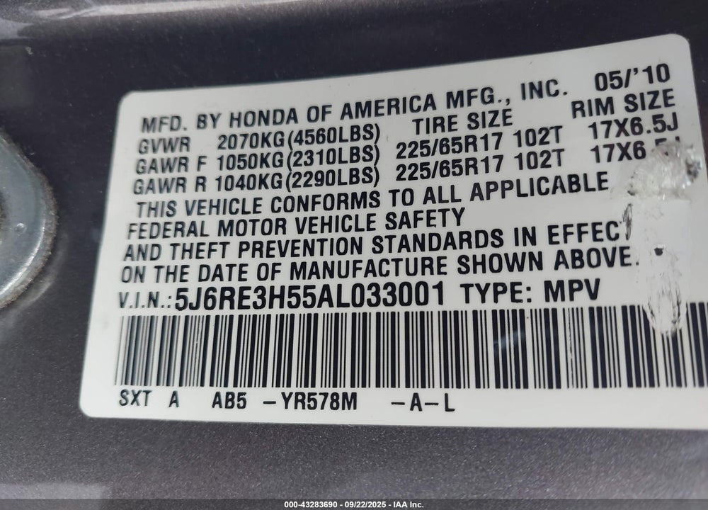 2010 HONDA CR-V EX VIN: 5J6RE3H55AL033001