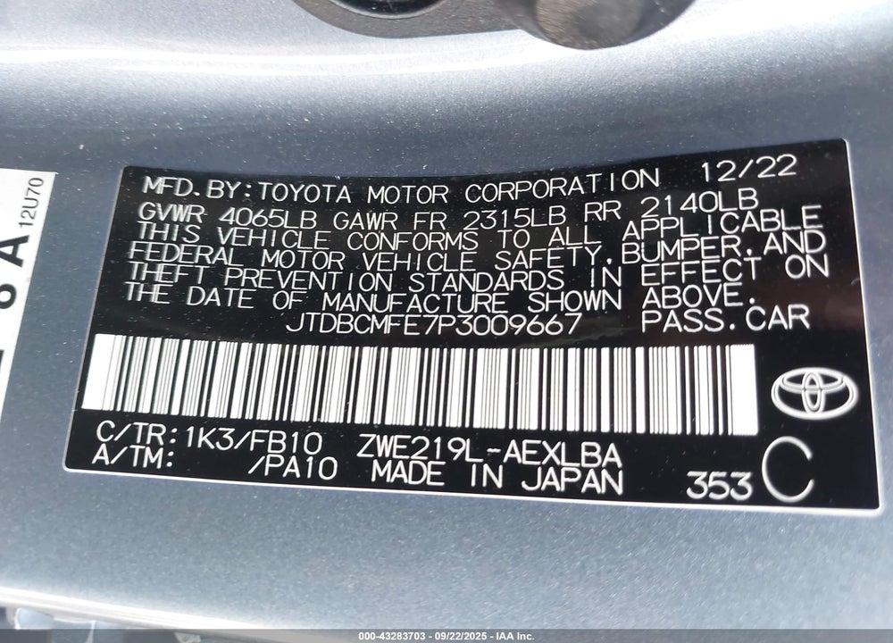 2023 TOYOTA COROLLA HYBRID LE VIN: JTDBCMFE7P3009667