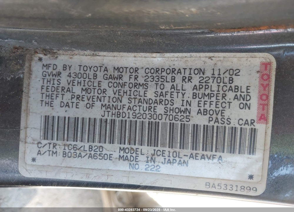 2003 LEXUS IS 300 VIN: JTHBD192030070625