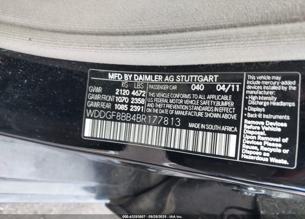 2011 MERCEDES-BENZ C CLASS VIN: WDDGF8BB4BR177813