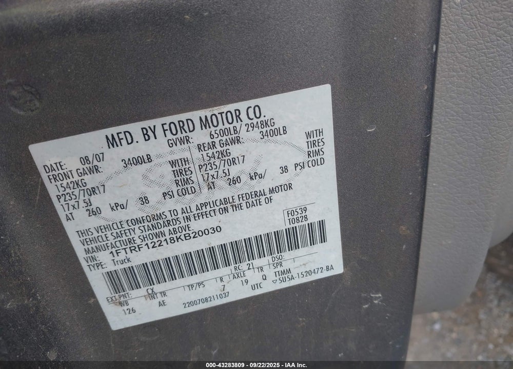 2008 FORD F-150 VIN: 1FTRF12218KB20030