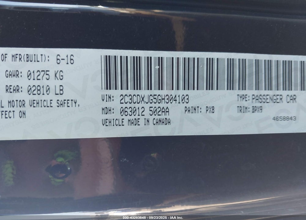 2016 DODGE CHARGER VIN: 2C3CDXJG5GH304103