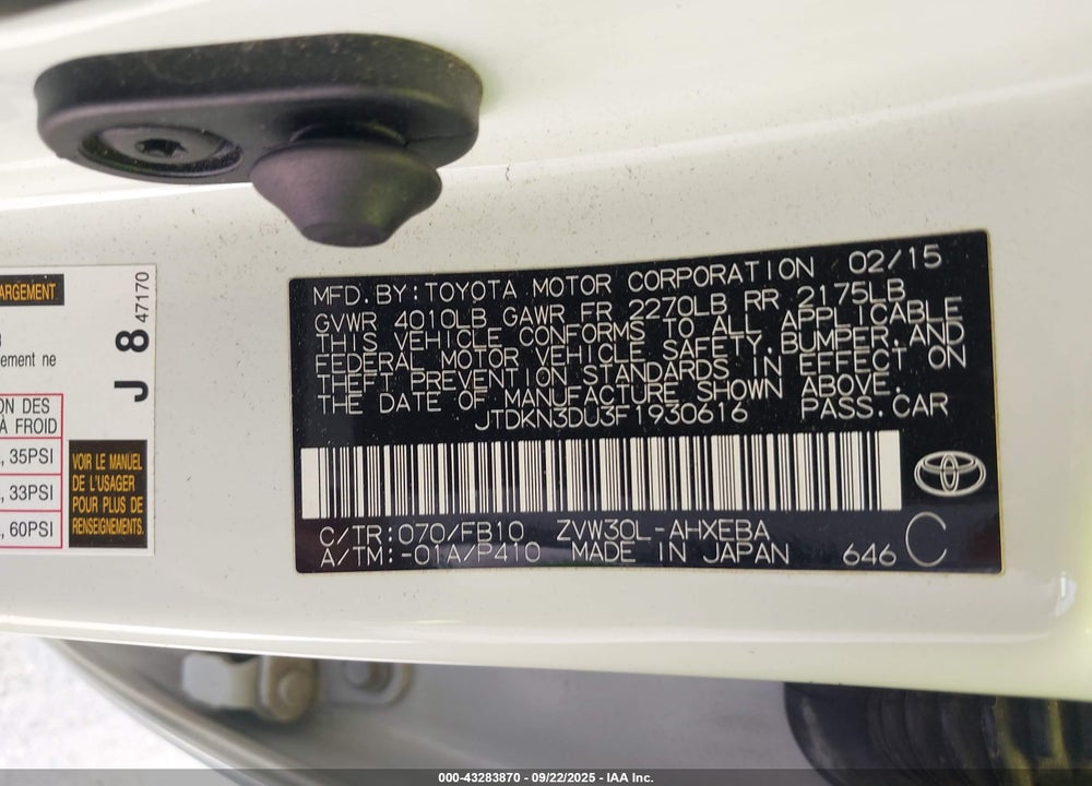 2015 TOYOTA PRIUS VIN: JTDKN3DU3F1930616