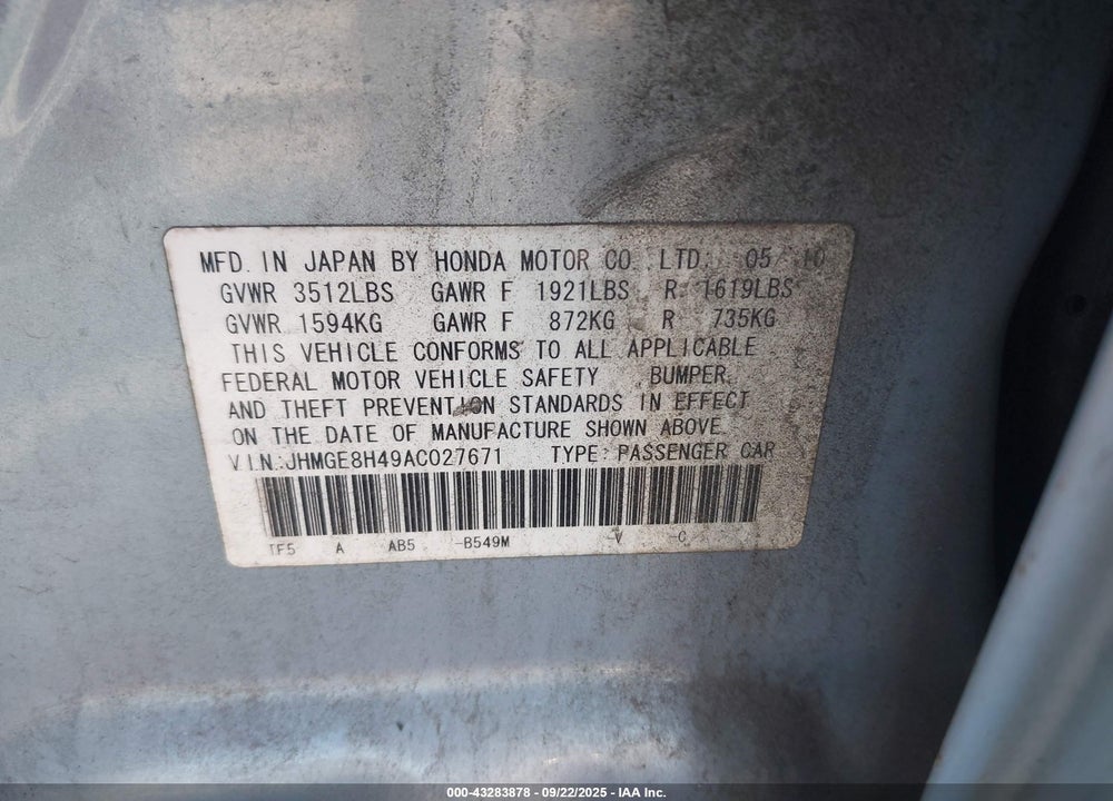 2010 HONDA FIT SPORT VIN: JHMGE8H49AC027671