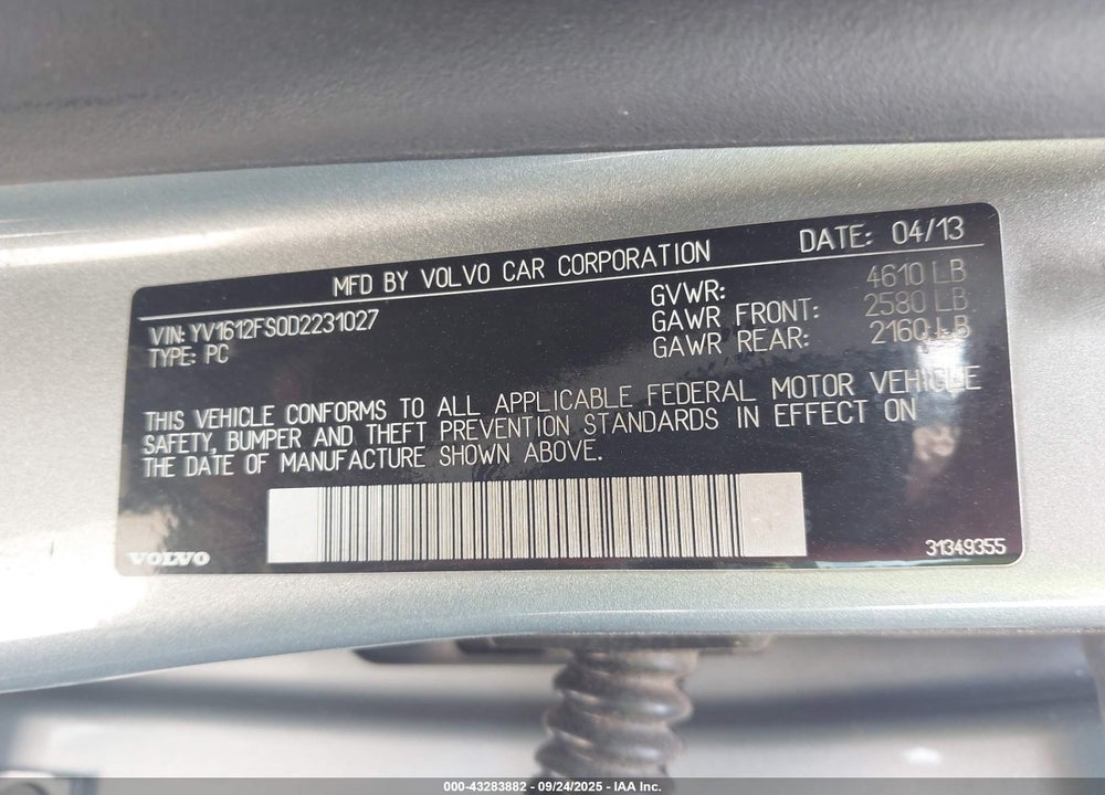 2013 VOLVO S60 VIN: YV1612FS0D2231027