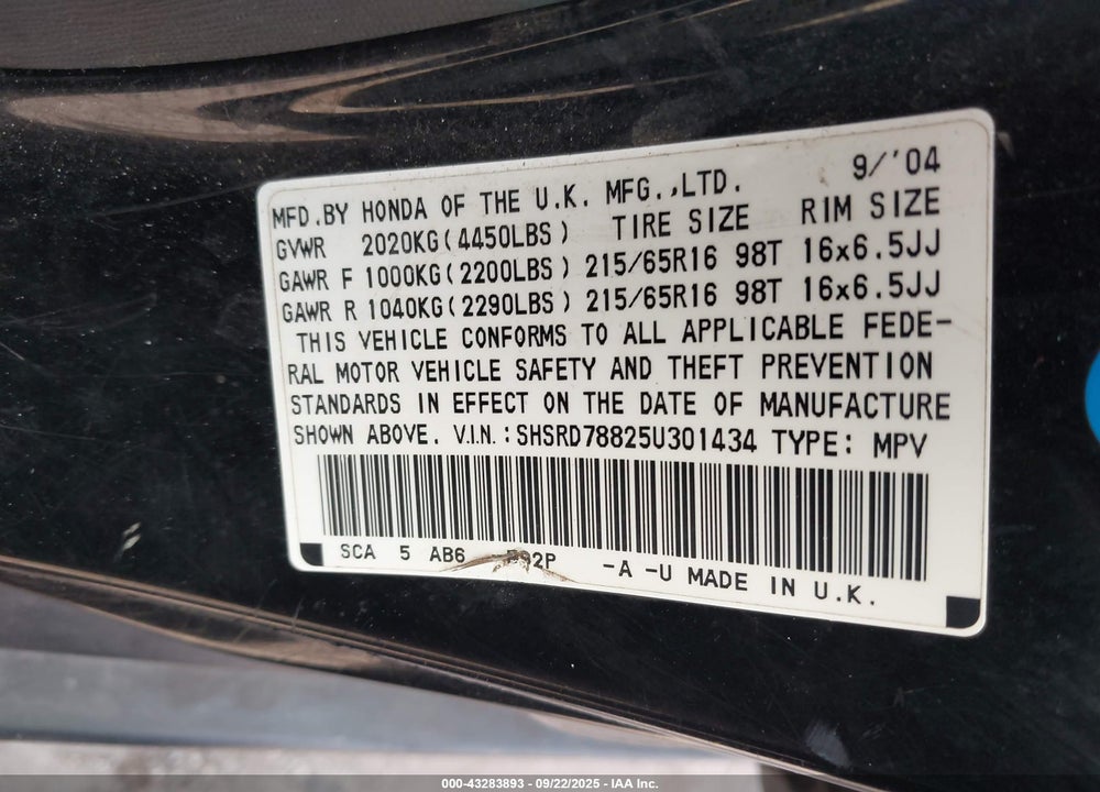 2005 HONDA CR-V EX VIN: SHSRD78825U301434