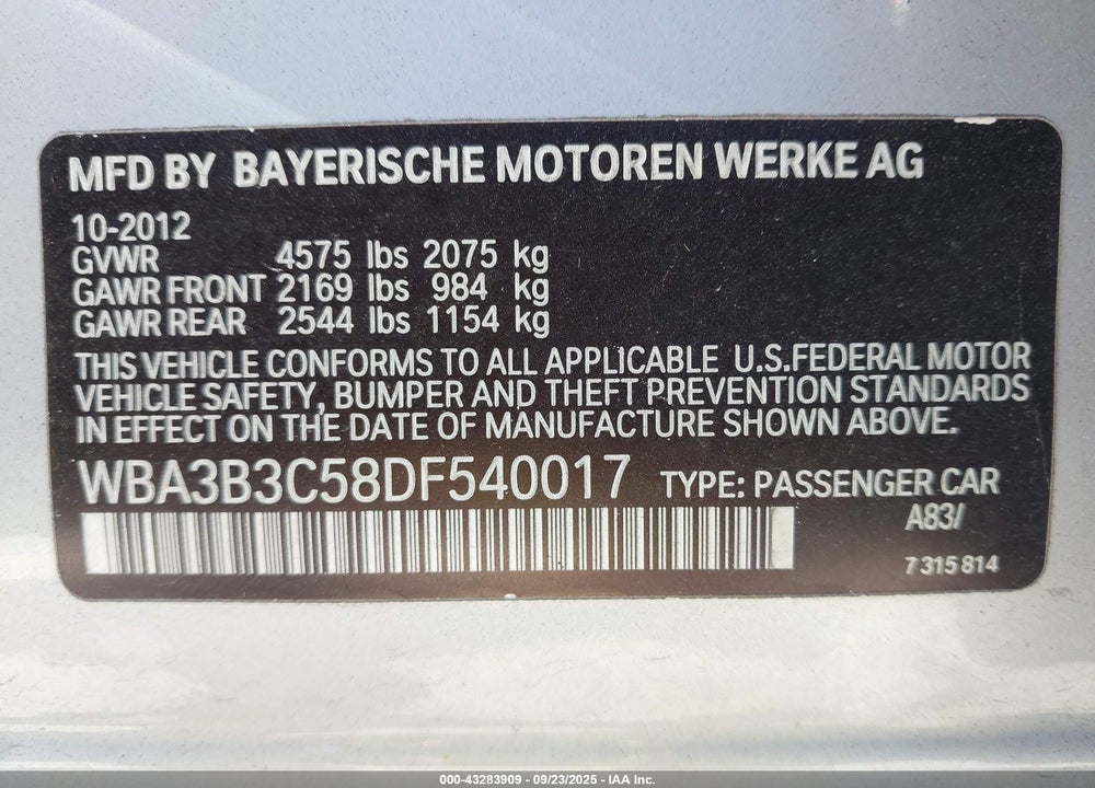 2013 BMW 3 SERIES VIN: WBA3B3C58DF540017