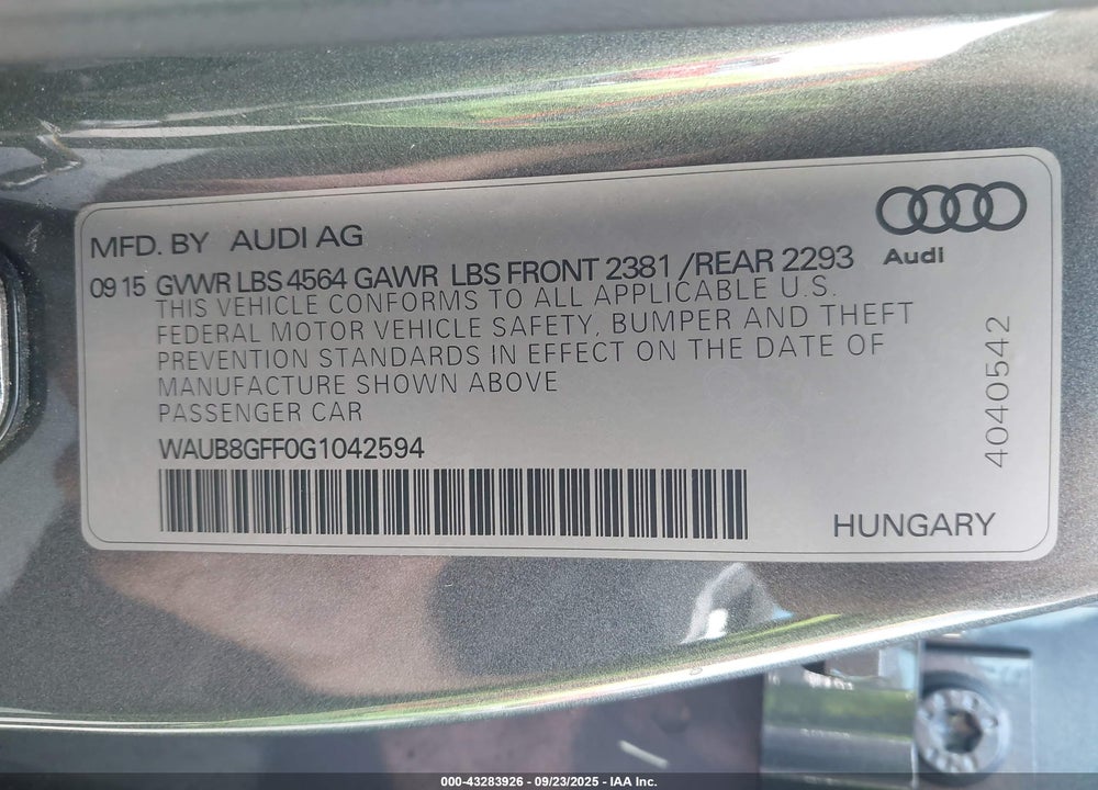 2016 AUDI A3 2.0T PREMIUM VIN: WAUB8GFF0G1042594