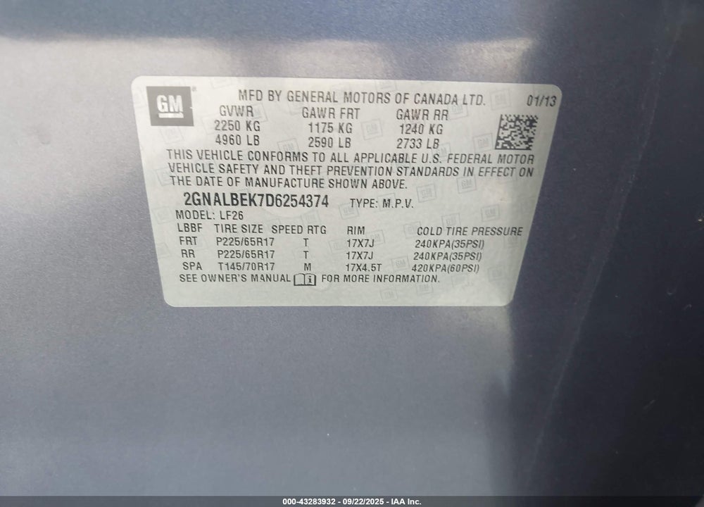 2013 CHEVROLET EQUINOX VIN: 2GNALBEK7D6254374