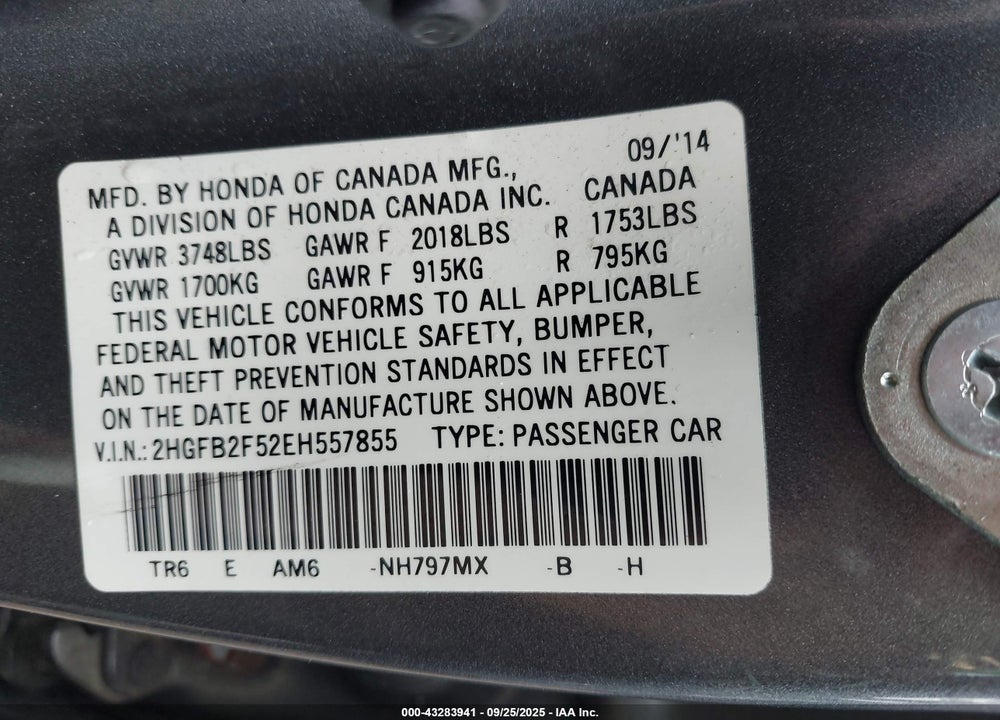 2014 HONDA CIVIC LX VIN: 2HGFB2F52EH557855