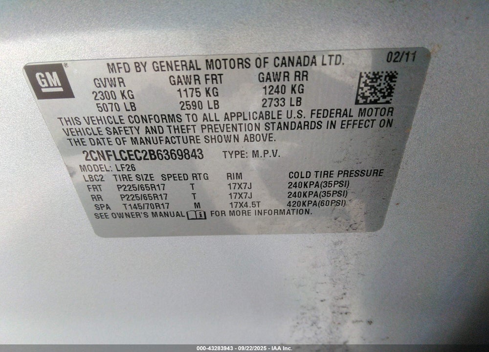 2011 CHEVROLET EQUINOX LS VIN: 2CNFLCEC2B6369843