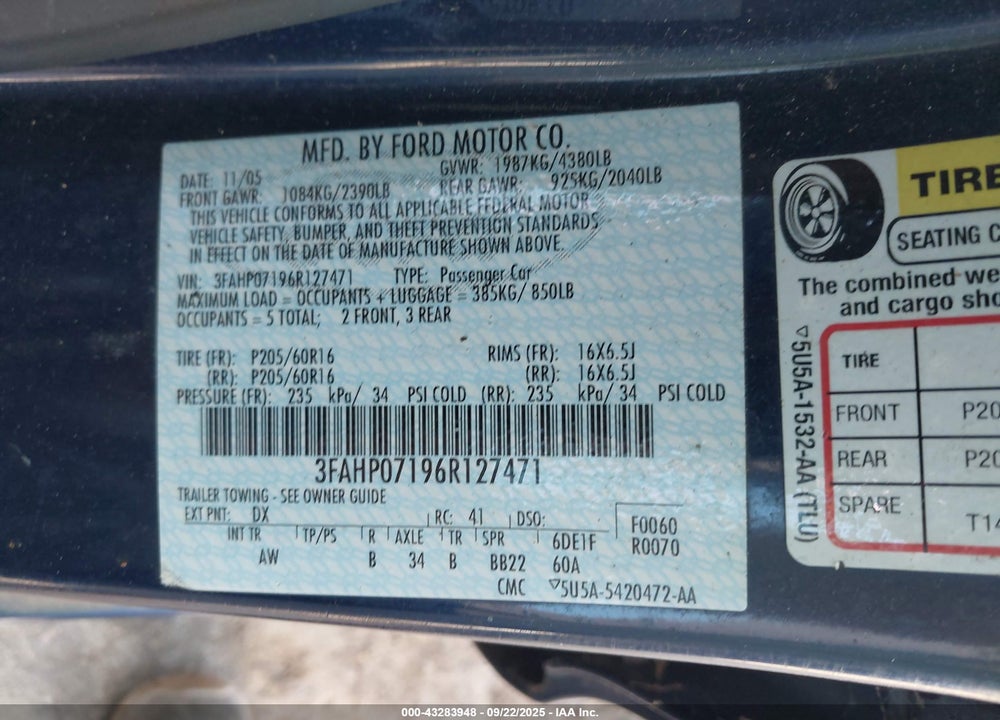 2006 FORD FUSION SE VIN: 3FAHP07196R127471