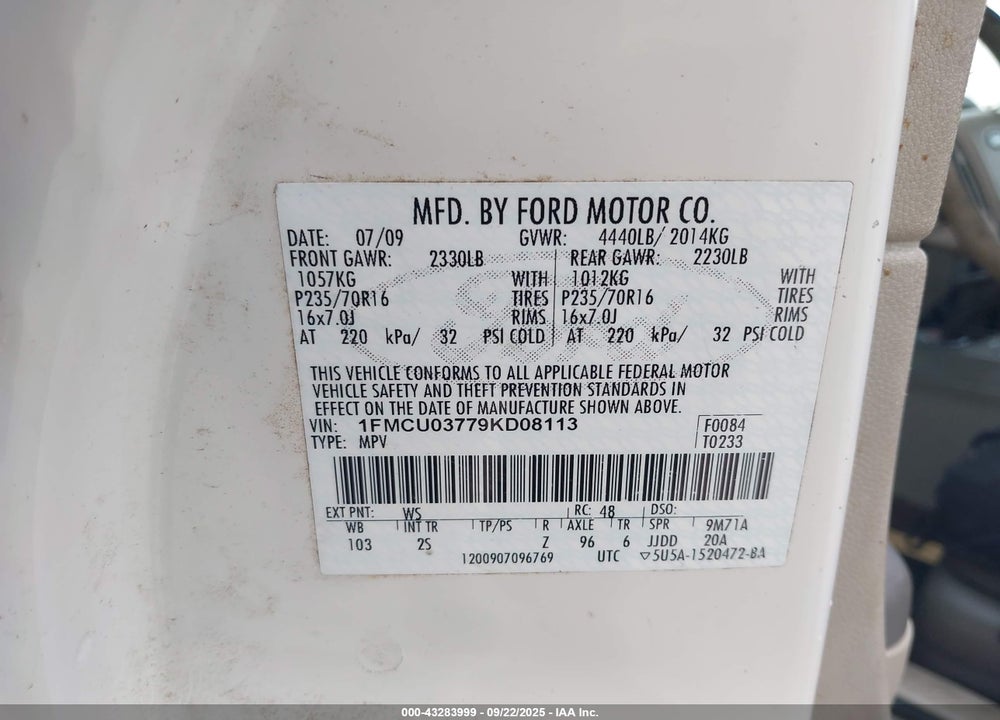 2009 FORD ESCAPE VIN: 1FMCU03779KD08113