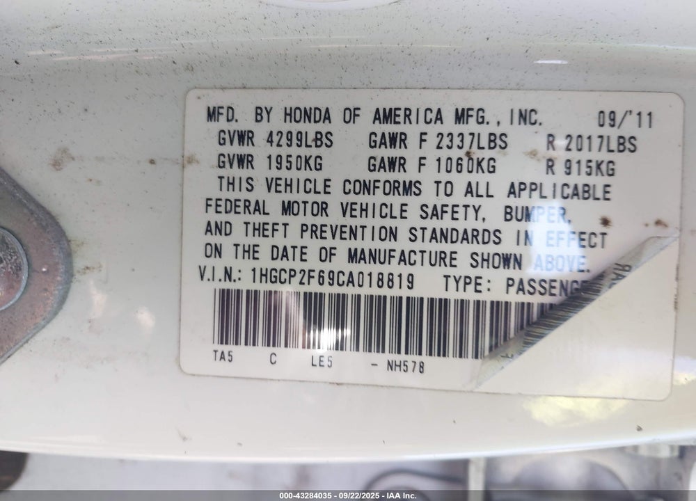 2012 HONDA ACCORD VIN: 1HGCP2F69CA018819