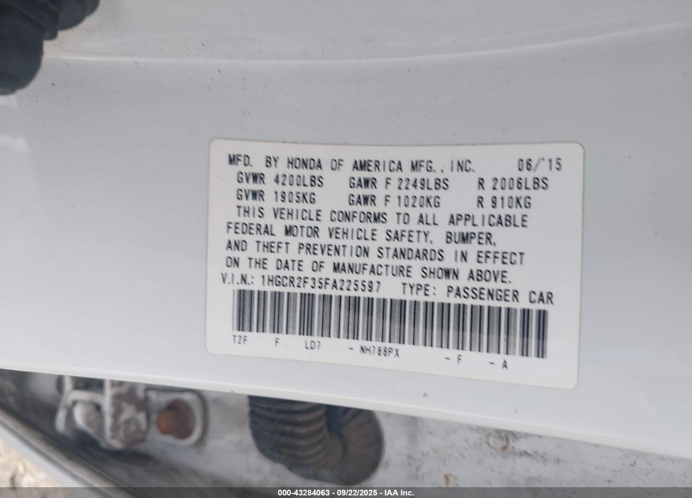 2015 HONDA ACCORD VIN: 1HGCR2F35FA225597