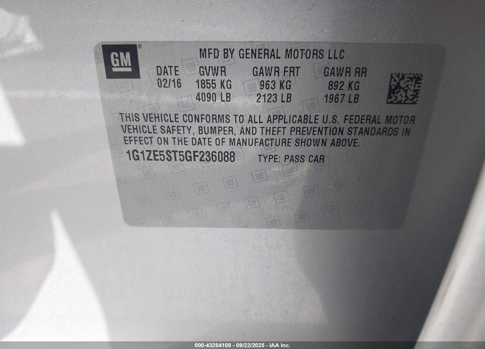 2016 CHEVROLET MALIBU 1LT VIN: 1G1ZE5ST5GF236088