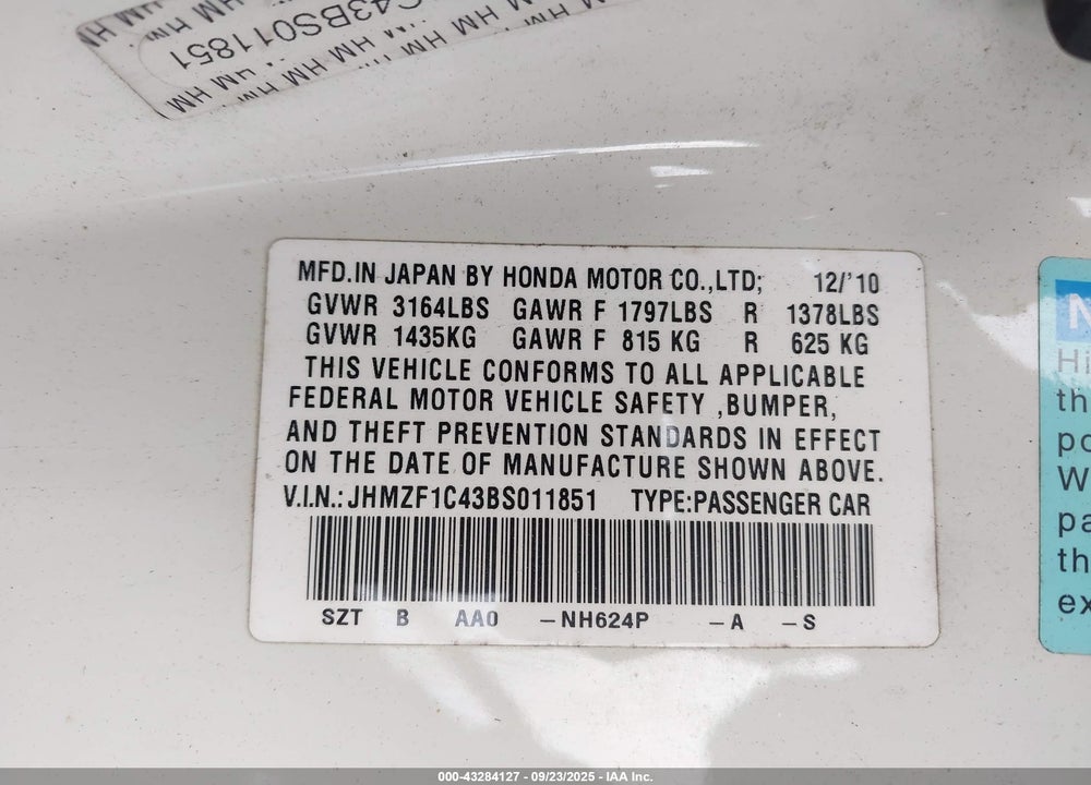 2011 HONDA CR-Z VIN: JHMZF1C43BS011851