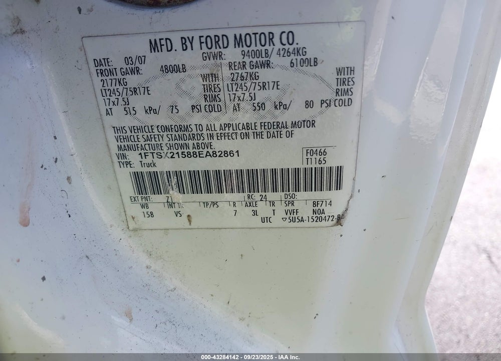 2008 FORD F-250 FX4/LARIAT/XL/XLT VIN: 1FTSX21588EA82861