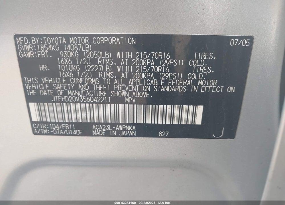 2005 TOYOTA RAV4 VIN: JTEHD20V356042211