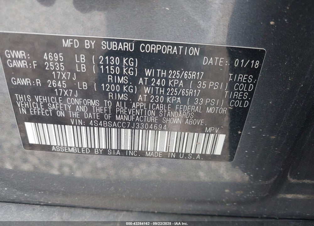 2018 SUBARU OUTBACK VIN: 4S4BSACC7J3304694