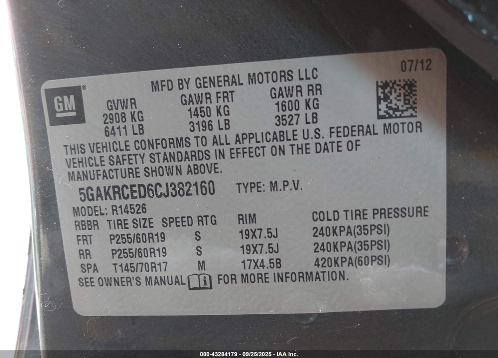 2012 BUICK ENCLAVE VIN: 5GAKRCED6CJ382160