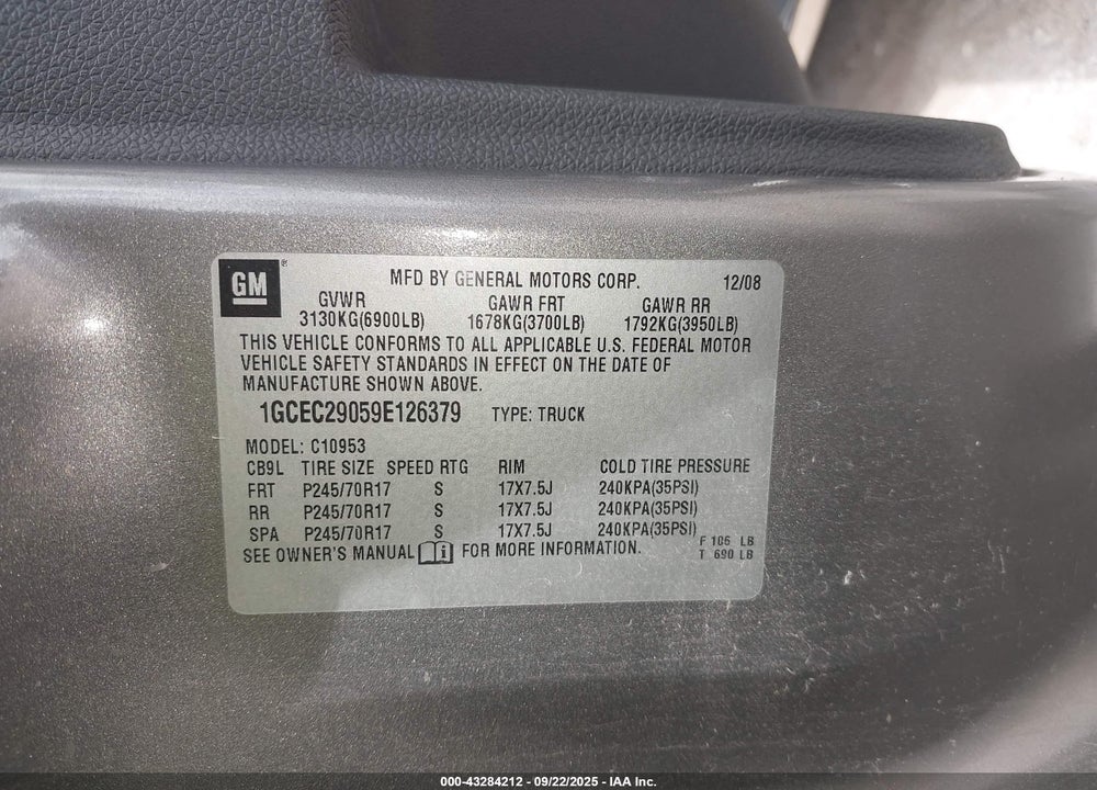 2009 CHEVROLET SILVERADO 1500 VIN: 1GCEC29059E126379