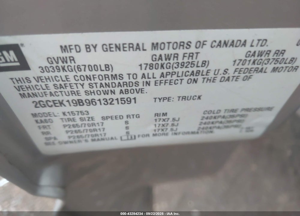 2006 CHEVROLET SILVERADO 1500 VIN: 2GCEK19B961321591