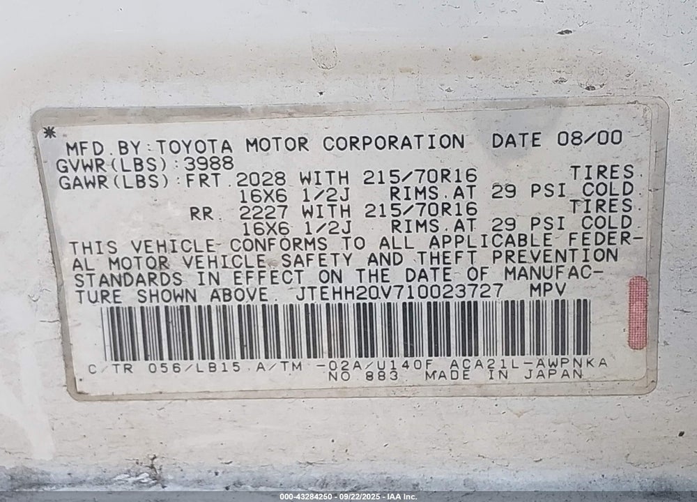 2001 TOYOTA RAV4 VIN: JTEHH20V710023727