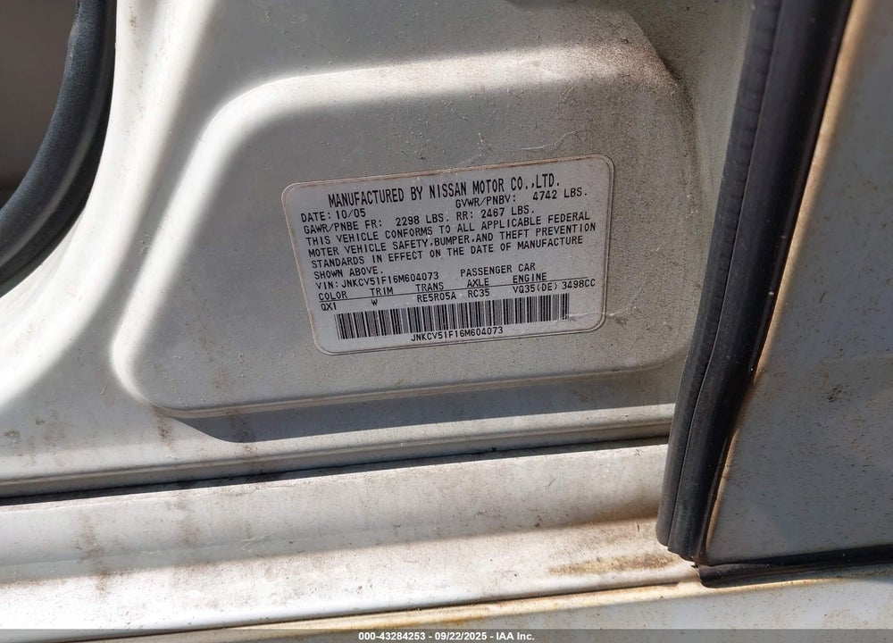 2006 INFINITI G35X VIN: JNKCV51F16M604073