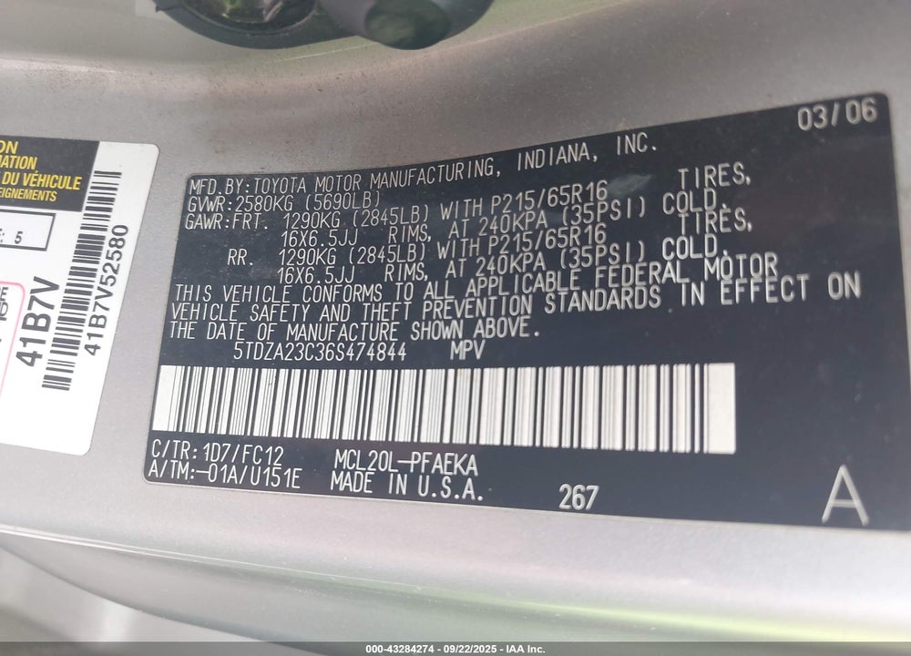 2006 TOYOTA SIENNA VIN: 5TDZA23C36S474844