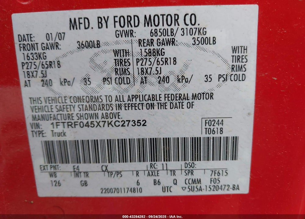 2007 FORD F-150 FX4/XLT VIN: 1FTRF045X7KC27352