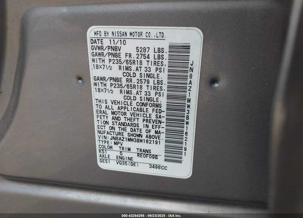 2011 NISSAN MURANO S VIN: JN8AZ1MW3BW162191