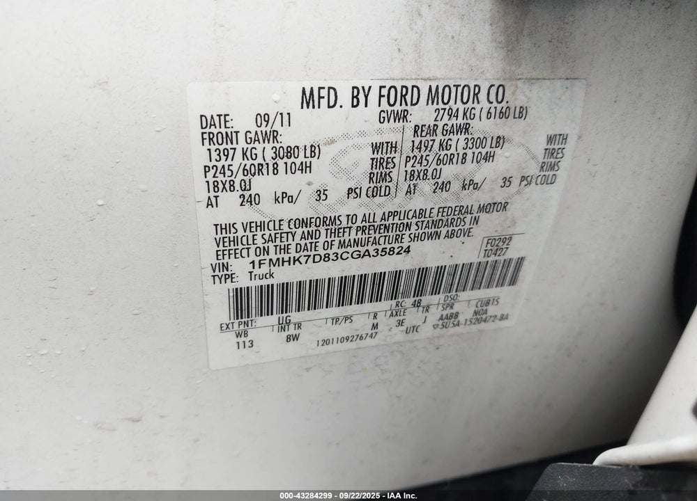 2012 FORD EXPLORER XLT VIN: 1FMHK7D83CGA35824
