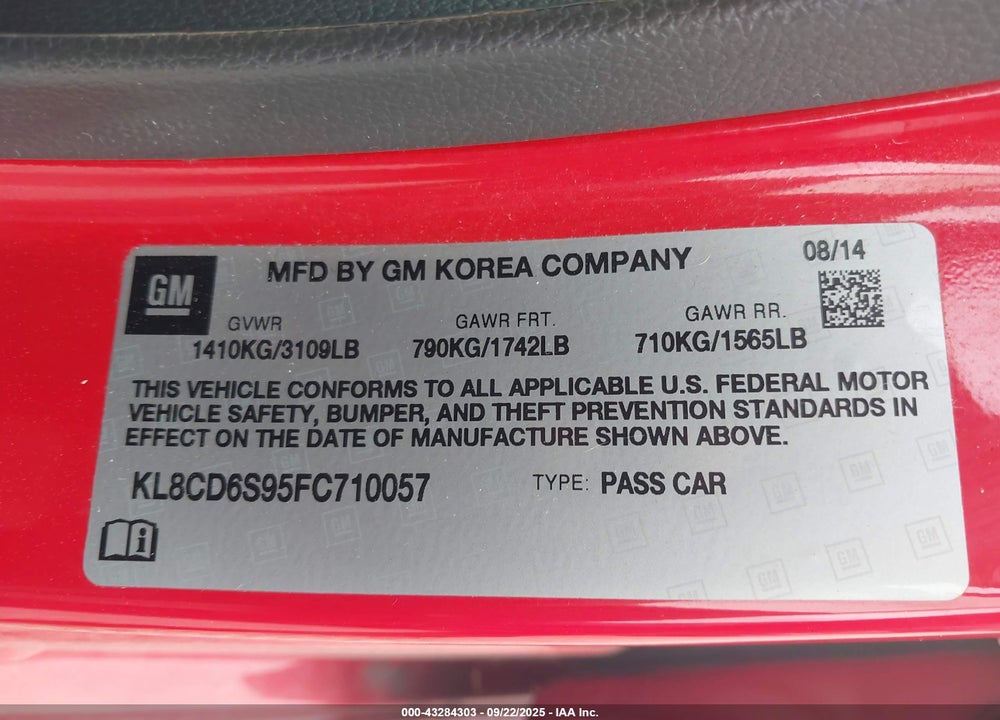 2015 CHEVROLET SPARK VIN: KL8CD6S95FC710057