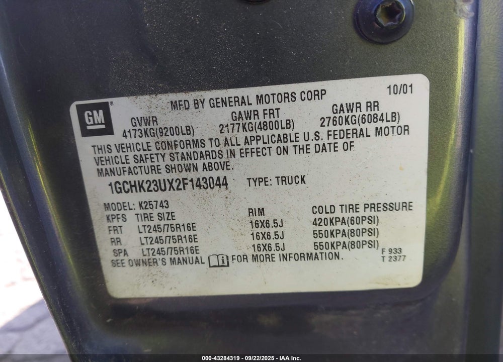 2002 CHEVROLET SILVERADO 2500HD LS VIN: 1GCHK23UX2F143044