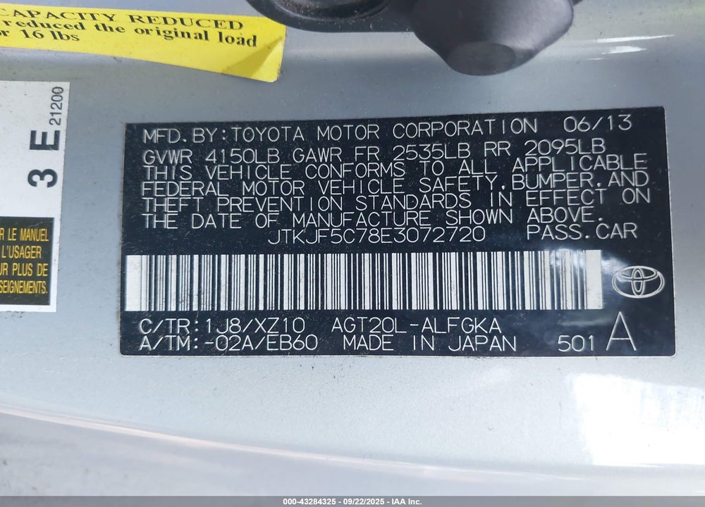 2014 SCION TC 10 SERIES VIN: JTKJF5C78E3072720